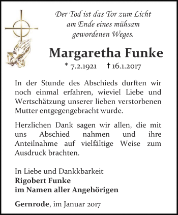 Traueranzeige von Margaretha Funke von Thüringer Allgemeine