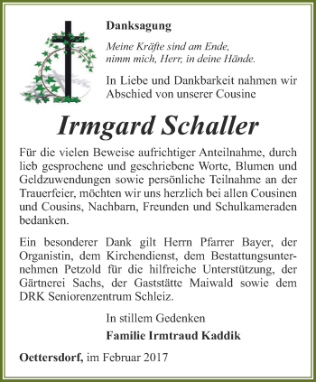 Traueranzeige von Schaller Irmgard von Ostthüringer Zeitung