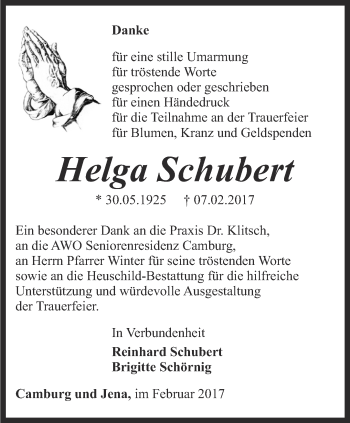 Traueranzeige von Helga Schubert von Ostthüringer Zeitung, Thüringische Landeszeitung