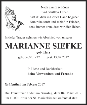 Traueranzeige von Marianne Siefke von Ostthüringer Zeitung