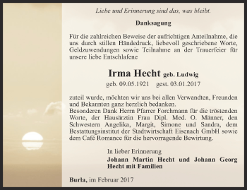 Traueranzeige von Irma Hecht von Thüringer Allgemeine, Thüringische Landeszeitung