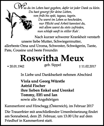 Traueranzeige von Roswitha Meux von Thüringer Allgemeine, Thüringische Landeszeitung