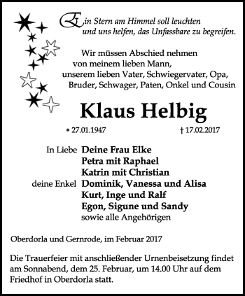 Traueranzeige von Klaus Helbig von Thüringer Allgemeine, Thüringische Landeszeitung