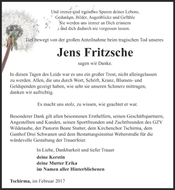 Traueranzeige von Fritzsche Jens von Ostthüringer Zeitung