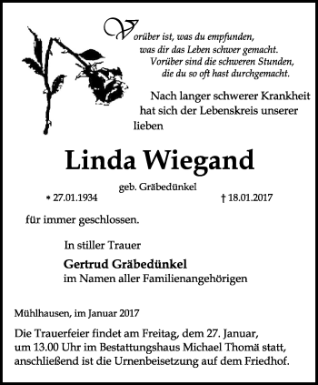 Traueranzeige von Linda Wiegand von Thüringer Allgemeine, Thüringische Landeszeitung