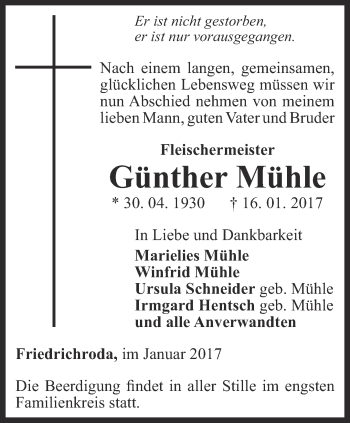 Traueranzeige von Günther Mühle von Ostthüringer Zeitung, Thüringische Landeszeitung