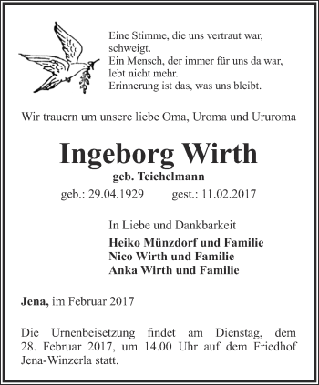 Traueranzeige von Ingeborg Wirth von Ostthüringer Zeitung, Thüringische Landeszeitung