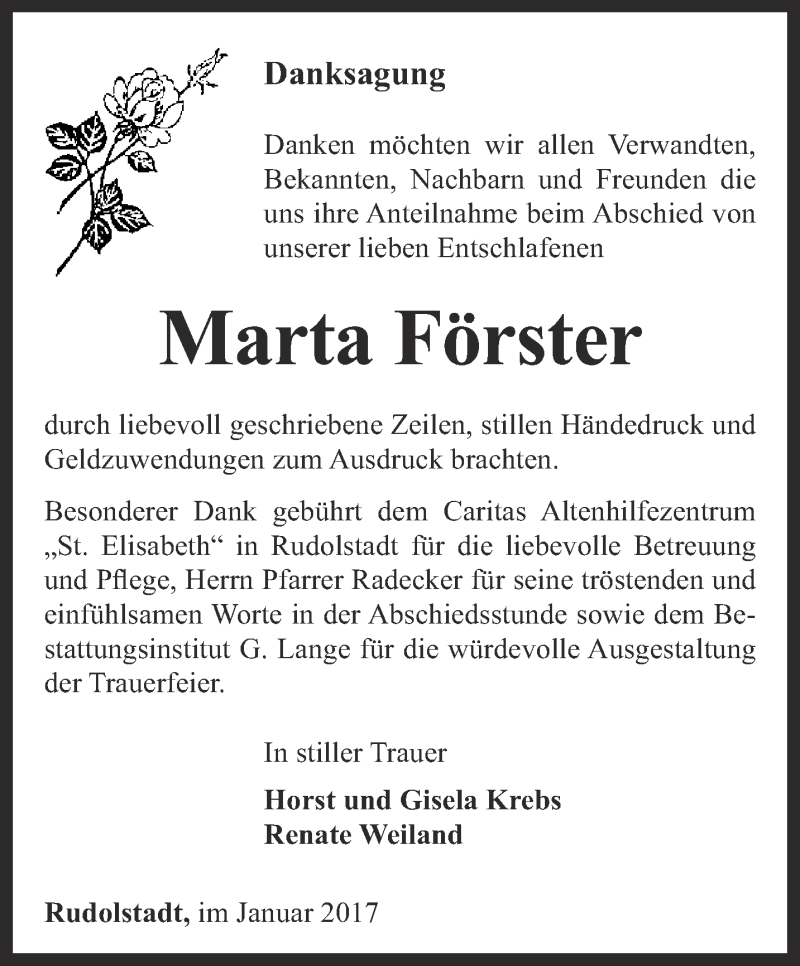  Traueranzeige für Marta Förster vom 10.02.2017 aus Ostthüringer Zeitung