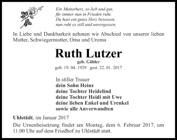 Traueranzeige von Ruth Lutzer von Ostthüringer Zeitung