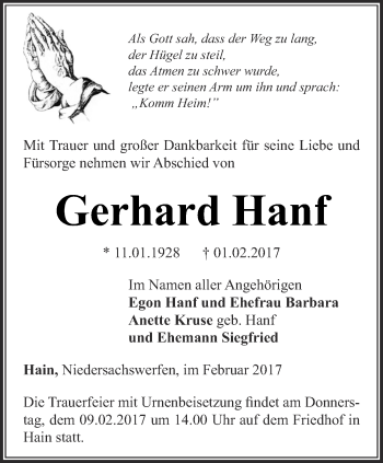 Traueranzeige von Gerhard Hanf von Thüringer Allgemeine