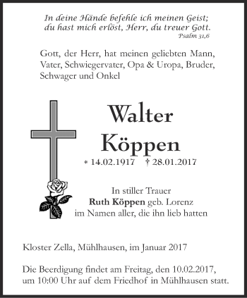 Traueranzeige von Walter Köppen von Thüringer Allgemeine, Thüringische Landeszeitung