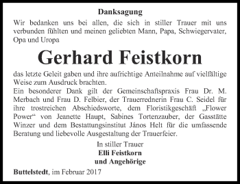 Traueranzeige von Gerhard Feistkorn von Thüringer Allgemeine, Thüringische Landeszeitung