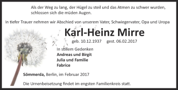 Traueranzeige von Karl-Heinz Mirre von Thüringer Allgemeine