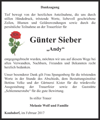 Traueranzeige von Günter Sieber von Ostthüringer Zeitung