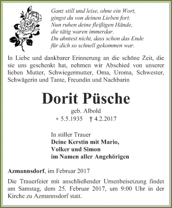 Traueranzeige von Dorit Püsche von Thüringer Allgemeine, Thüringische Landeszeitung