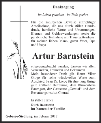 Traueranzeige von Artur Barnstein von Thüringer Allgemeine, Thüringische Landeszeitung