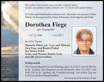 Traueranzeige von Dorothea Fiege von Thüringer Allgemeine