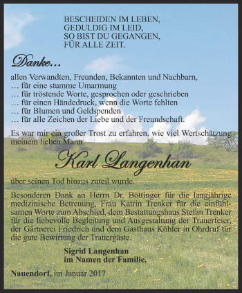 Traueranzeige von Karl Langenhan von Ostthüringer Zeitung, Thüringische Landeszeitung