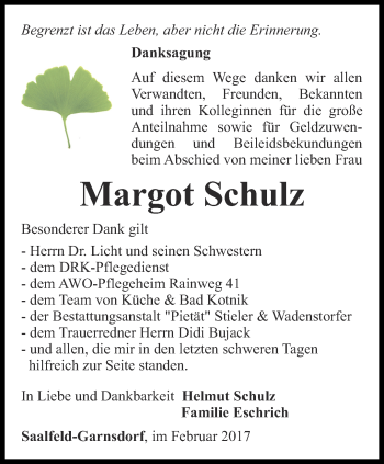 Traueranzeige von Margot Schulz von Ostthüringer Zeitung