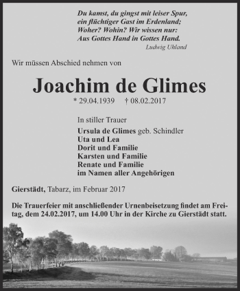 Traueranzeige von Joachim de Glimes von Thüringer Allgemeine, Thüringische Landeszeitung