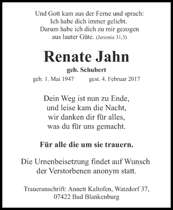 Traueranzeige von Renate Jahn von Ostthüringer Zeitung