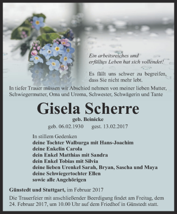 Traueranzeige von Gisela Scherre von Thüringer Allgemeine