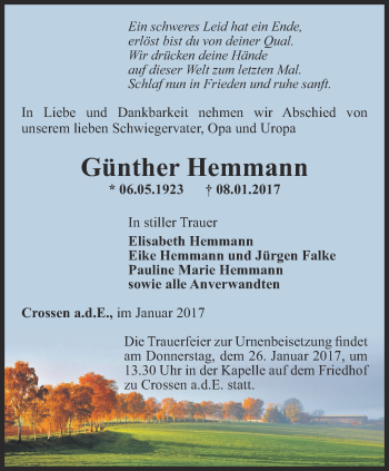 Traueranzeige von Günther Hemmann von Ostthüringer Zeitung