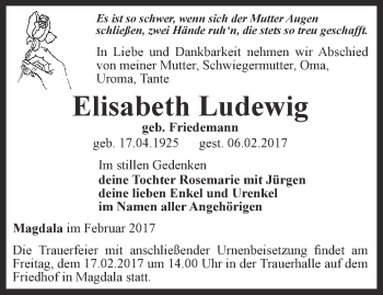Traueranzeige von Elisabeth Ludewig von Thüringer Allgemeine, Thüringische Landeszeitung