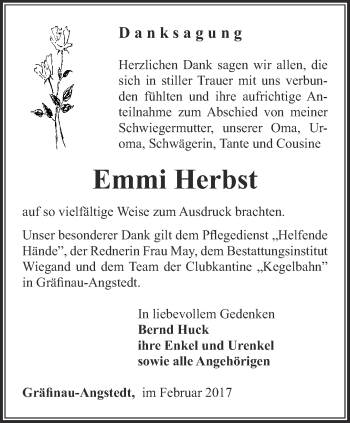 Traueranzeige von Emmi Herbst von Thüringer Allgemeine