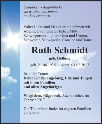 Traueranzeige von Ruth Schmidt von Thüringer Allgemeine, Thüringische Landeszeitung