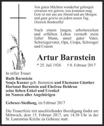 Traueranzeige von Artur Barnstein von Thüringer Allgemeine, Thüringische Landeszeitung