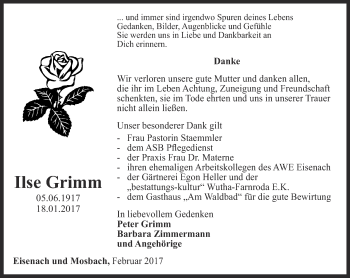 Traueranzeige von Ilse Grimm von Thüringer Allgemeine, Thüringische Landeszeitung