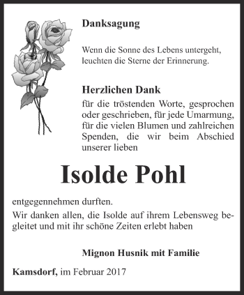 Traueranzeige von Isolde Pohl von Ostthüringer Zeitung