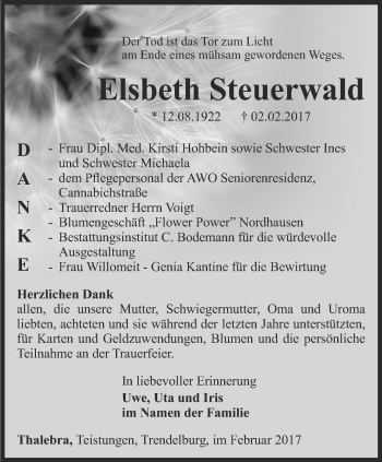 Traueranzeige von Elsbeth Steuerwald von Thüringer Allgemeine