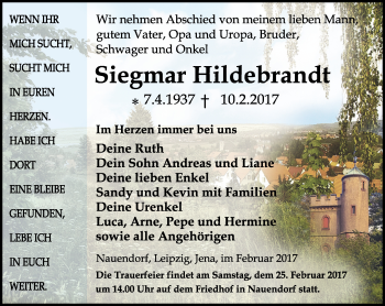 Traueranzeige von Siegmar Hildebrandt von Ostthüringer Zeitung, Thüringische Landeszeitung