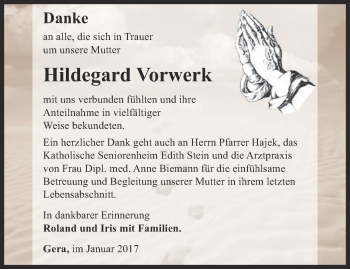 Traueranzeige von Hildegard Vorwerk von Ostthüringer Zeitung