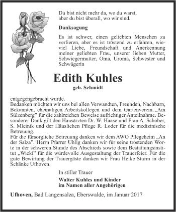 Traueranzeige von Edith Kuhles von Thüringer Allgemeine, Thüringische Landeszeitung