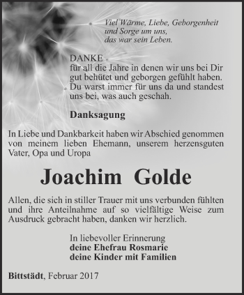 Traueranzeige von Joachim Golde von Thüringer Allgemeine