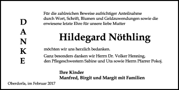 Traueranzeige von Hildegard Nöthling von Thüringer Allgemeine, Thüringische Landeszeitung