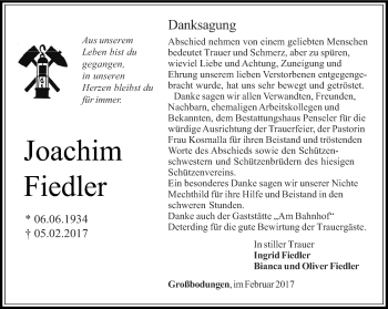 Traueranzeige von Joachim Fiedler von Thüringer Allgemeine