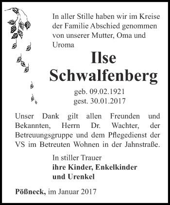 Traueranzeige von Ilse Schwalfenberg von Ostthüringer Zeitung