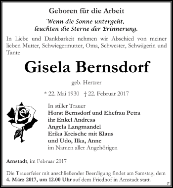 Traueranzeige von Gisela Bernsdorf von Thüringer Allgemeine