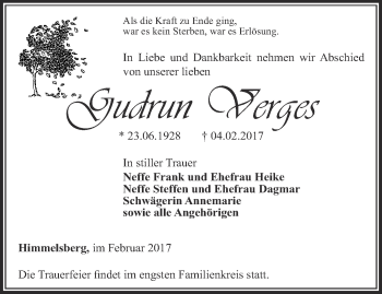 Traueranzeige von Gudrun Verges von Thüringer Allgemeine