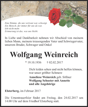 Traueranzeige von Wolfgang Weinreich von Ostthüringer Zeitung