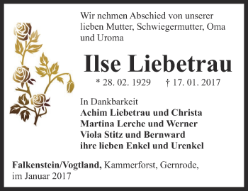 Traueranzeige von Ilse Liebetrau von Thüringer Allgemeine, Thüringische Landeszeitung