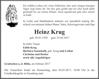 Traueranzeige von Heinz Krug von Ostthüringer Zeitung