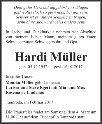 Traueranzeige von Hardi Müller von Thüringer Allgemeine, Thüringische Landeszeitung