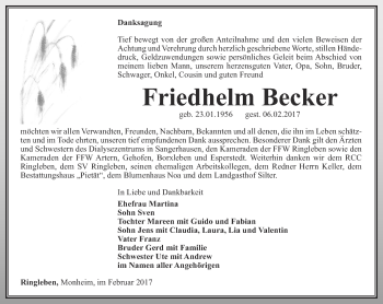 Traueranzeige von Friedhelm Becker von Thüringer Allgemeine