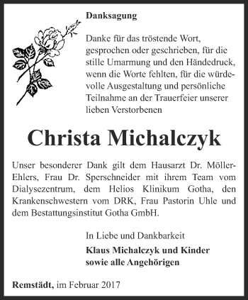 Traueranzeige von Christa Michalczyk von Ostthüringer Zeitung, Thüringische Landeszeitung