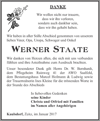 Traueranzeige von Werner Staate von Ostthüringer Zeitung